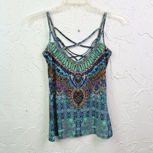 Venus Blue Printed Boho Strappy Back Rhinestone Embellished Tank Top Size Small